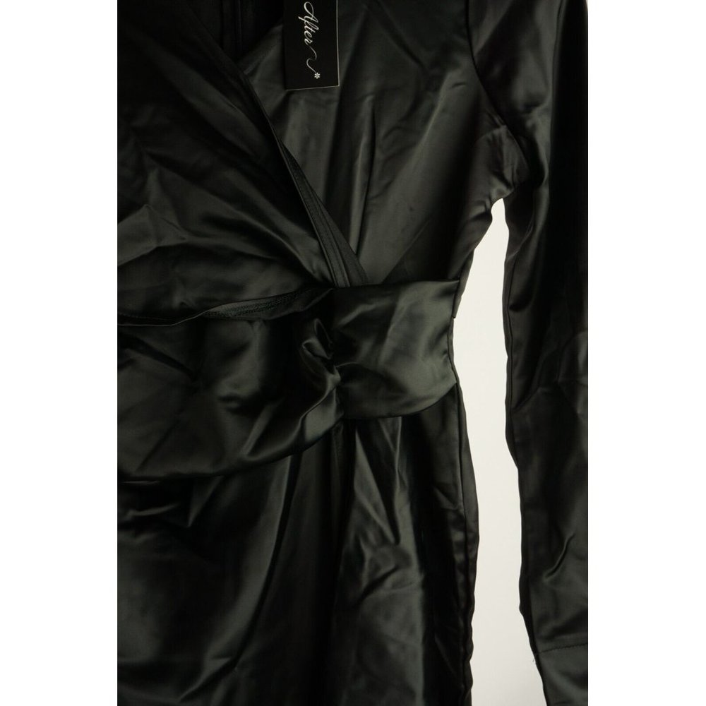 New Ever After Women's S‎ Long Sleeve Black Satin Faux Wrap Tie Waist Mini Dress - Picture 4 of 7